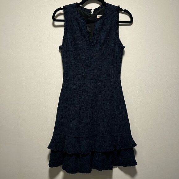 REBECCA TAYLOR Tweed Ruffle Hem Mini Dress, Royal Blue/Black, Size 2 - Picture 3 of 13